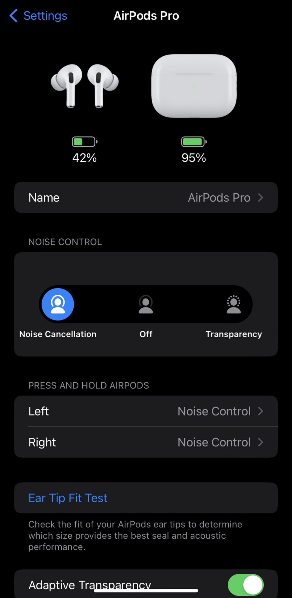 A screenshot of the iOS Control Center for the Apple AirPods Pro (2nd generation).
