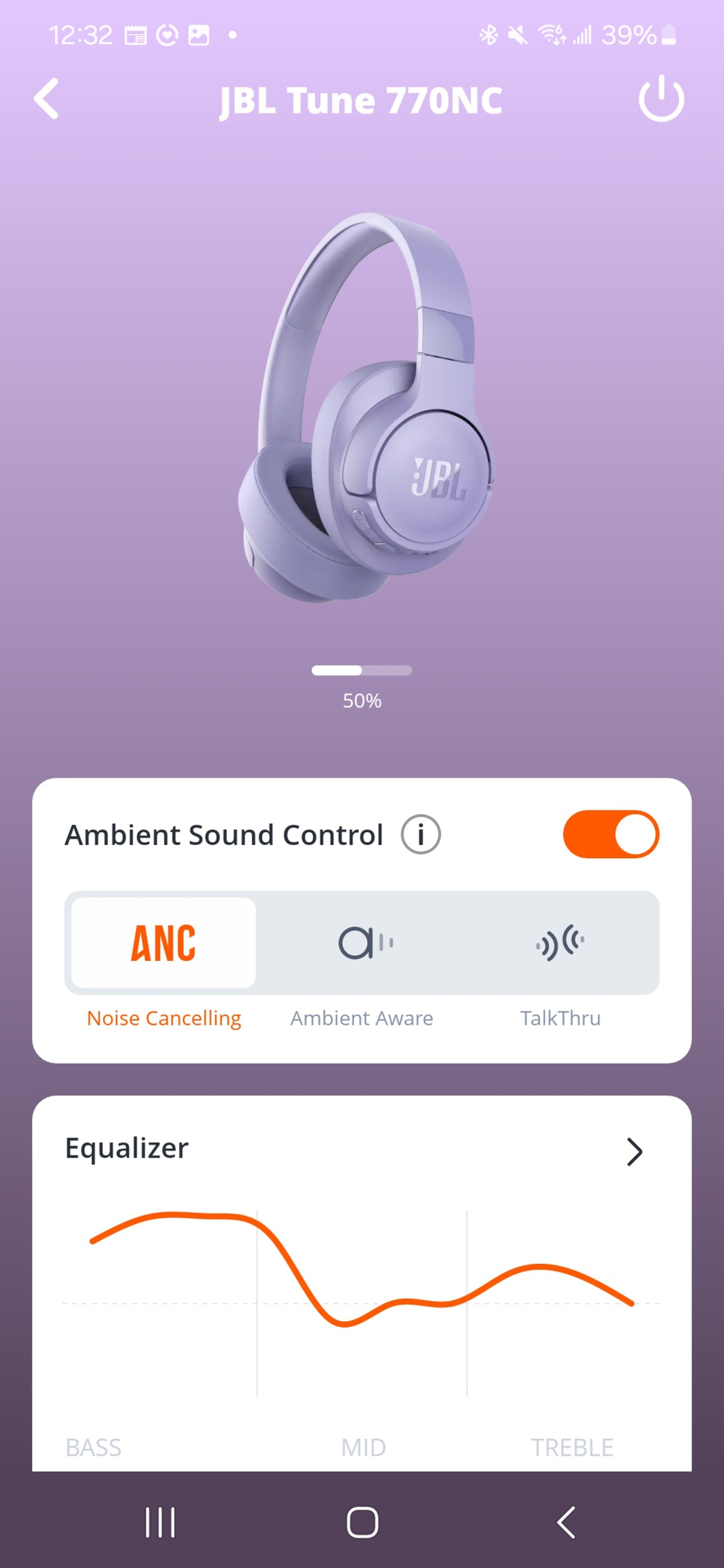 A screenshot of the JBL Tune 770NC's JBL Headphones app.