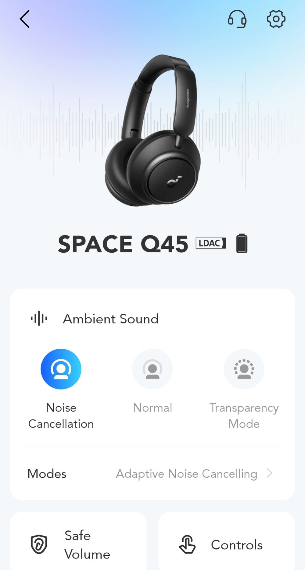 A screenshot of the Anker Soundcore Space Q45 Wireless' Anker Soundcore app.