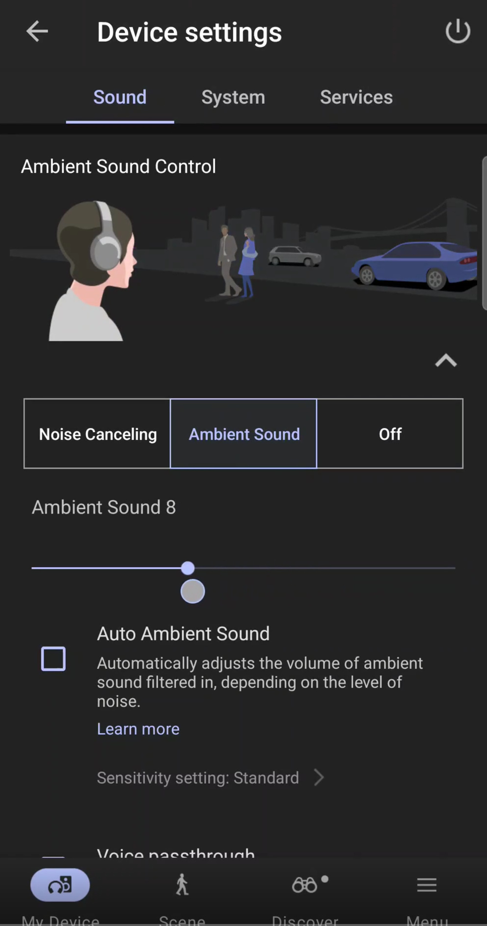 A screenshot showing the Ambient Sound control settings in the Sony Sound Connect app.