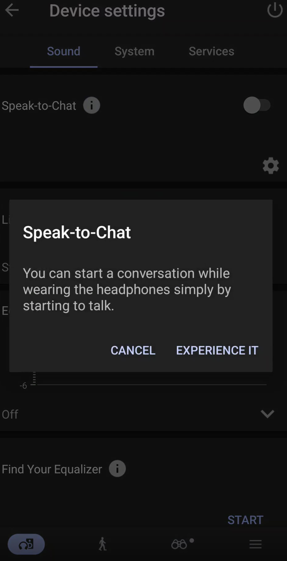 A screenshot showing the Speak-to-Chat settings in the Sony Sound Connect app.
