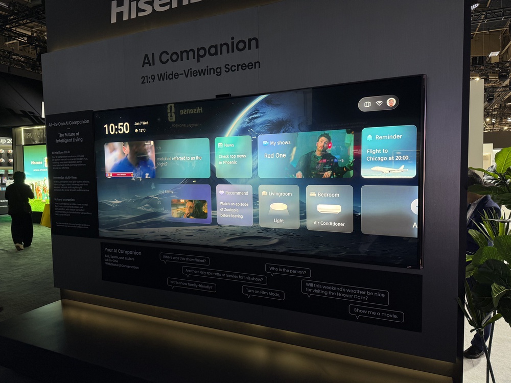 A prototype Hisense TV with a 21:9 aspect ratio and built-in AI companion.