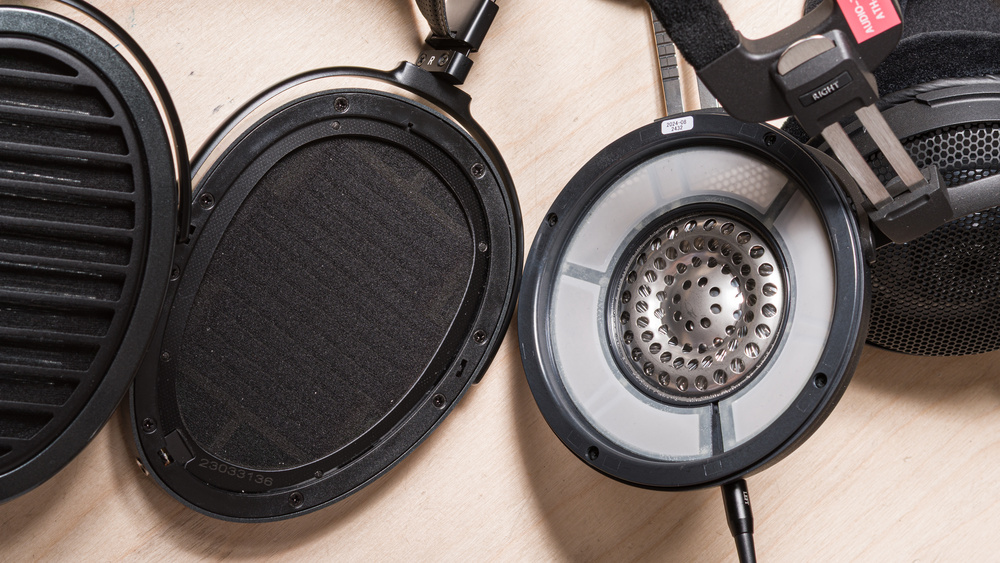 A side-by-side look at the drivers of the planar magnetic HiFiMan Arya Stealth Magnet Version (left) and dynamic Audio-Technica ATH-ADX3000 (right).
