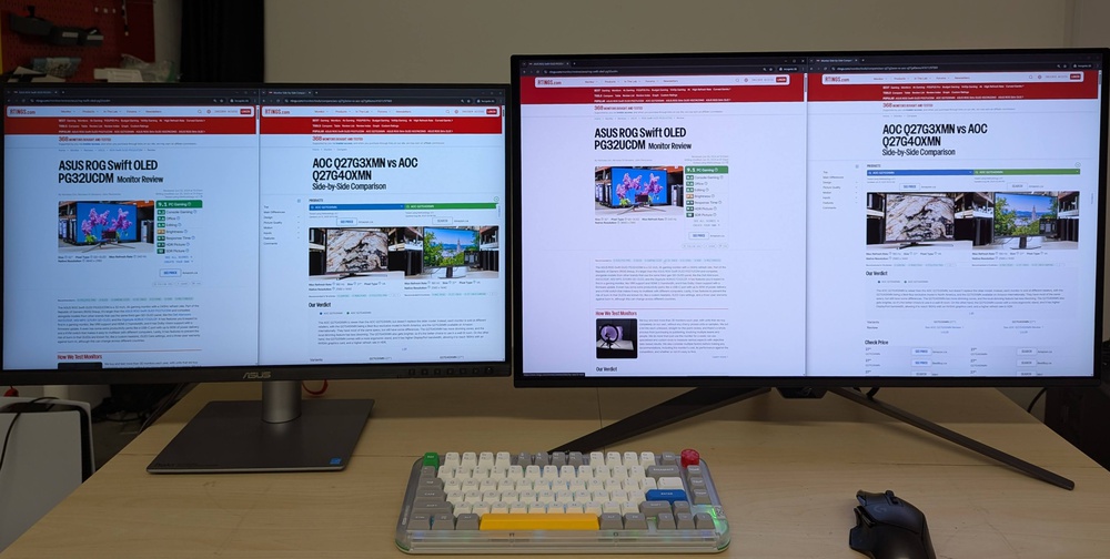 A comparison between 27- and 32-inch monitors using different scaling to show how there's more text on the 32-inch monitor.