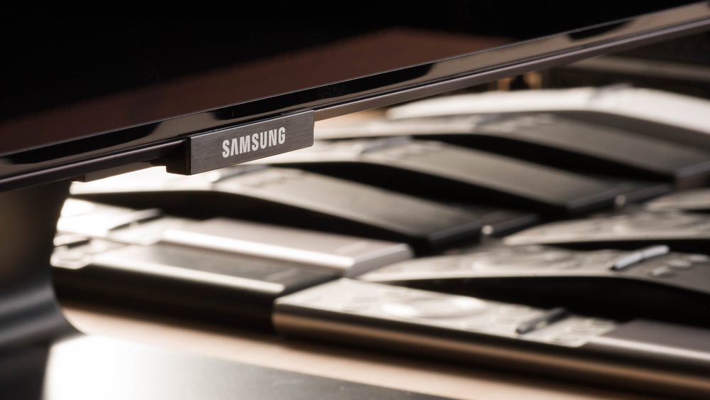 A close up of Samsung's branding on a TV.