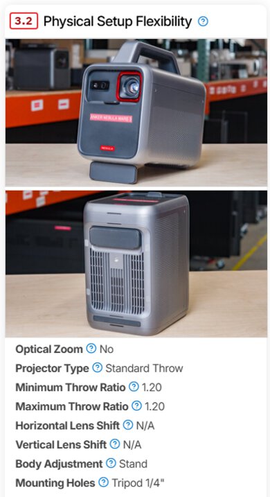 A screenshot of the Anker Nebula Mars 3's new Physical Setup Flexibility box.