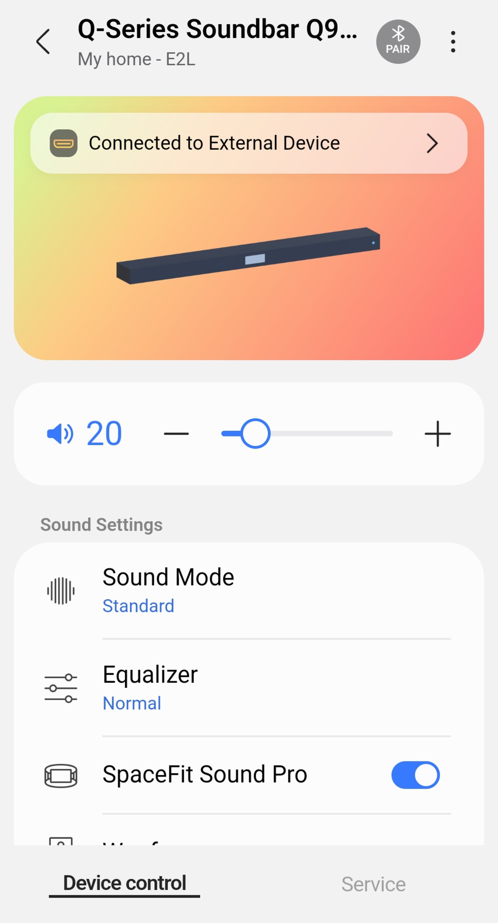 Samsung SmartThings app screenshot with soundbar settings.