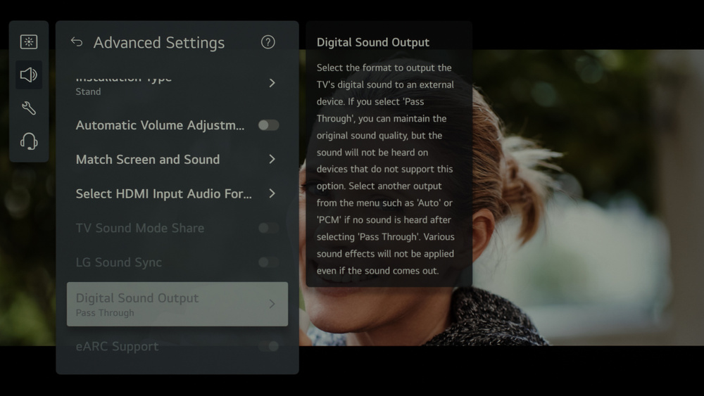 eARC settings for the LG G5 TV.