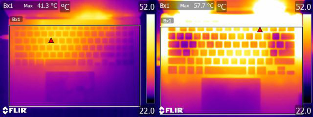 Thermal images of two laptops, the LG gram 16 (2024) and the ASUS ROG Zephyrus G14 (2024).