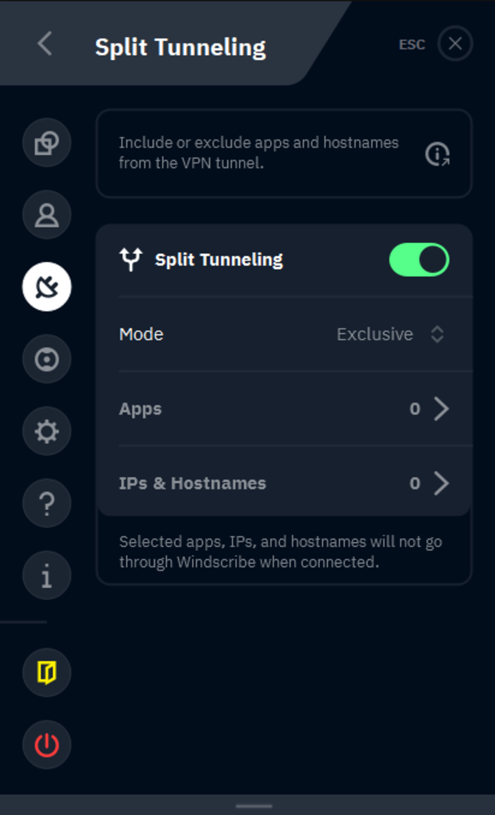 Screenshot of split tunneling enabled on Windscribe's UI.