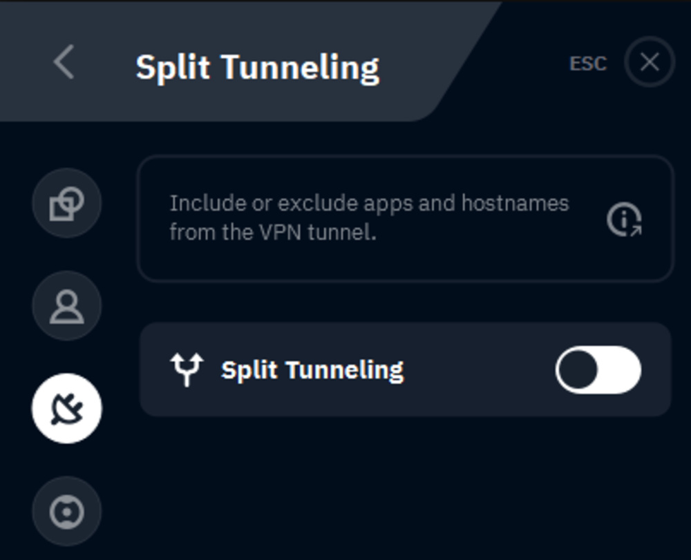 Screenshot of split tunneling disabled in Windscribe's UI.