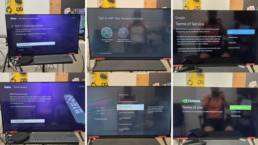Photographs of the setup processes for the Roku Ultra, Fire TV, and NVIDIA Shield streaming devices