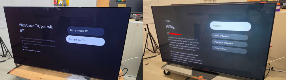 Photographs of the setup process for the Sony Bravia 8 II and the Hisense U8QG Google TVs