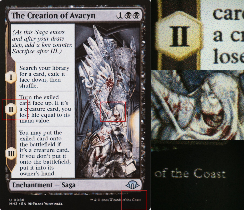 Image of The Creation of Avacyn Card printed on Koala matte photo paper with the Epson ET-2980. Red rectangles identify the regions of interest that were magnified under the microscope.