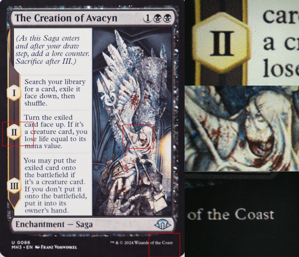 Image of The Creation of Avacyn Card printed on Koala matte photo paper with the Canon G3270. Red rectangles identify the regions of interest that were magnified under the microscope.