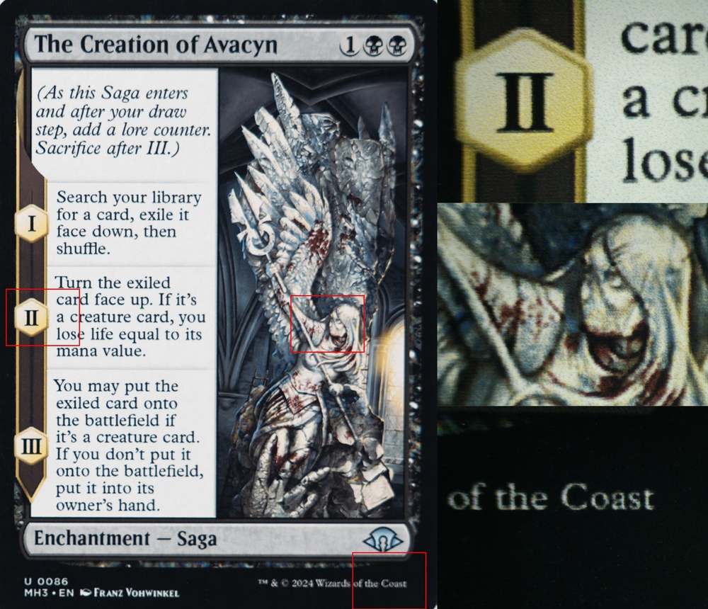 Image of The Creation of Avacyn Card printed on Koala matte photo paper with the Epson ET-8550. Red rectangles identify the regions of interest that were magnified under the microscope.