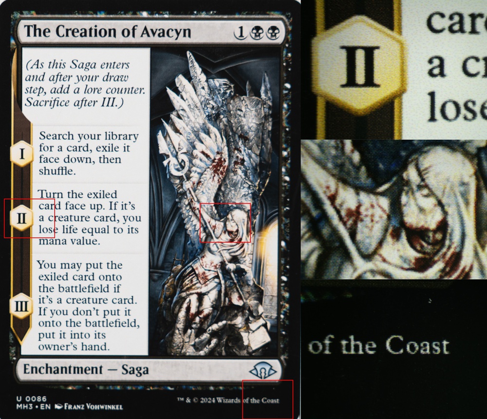 Image of The Creation of Avacyn Card printed on Koala matte photo paper with the Canon PRO-200S. Red rectangles identify the regions of interest that were magnified under the microscope.