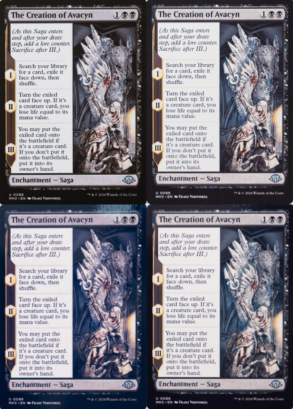 Image showing a montage of The Creation of Avacyn card printed on either Koala matte photo paper or Koala glossy photo paper with either the Epson ET-2980 or the Canon G3270.