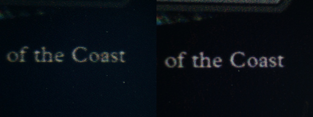 Image comparing a black border of The Creation of Avacyn card printed on Koala glossy photo paper with either the Epson ET-2980 or the Canon G3270 to show the difference in composite black for each printer.