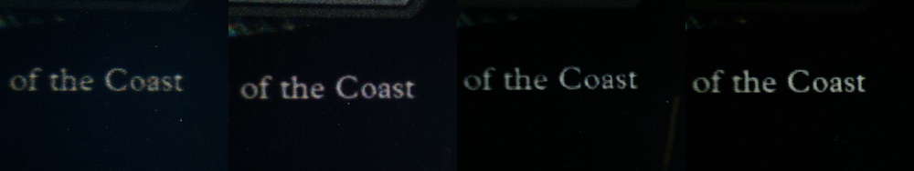 Image comparing a black border of The Creation of Avacyn card printed on Koala glossy photo paper with either affordable printers or high-end photo printers.