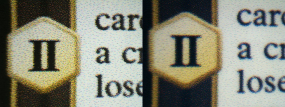 Comparison of the size of the ink droplets between The Creation of Avacyn card printed on either Koala matte photo paper or Koala glossy photo paper with the Epson ET-2980.