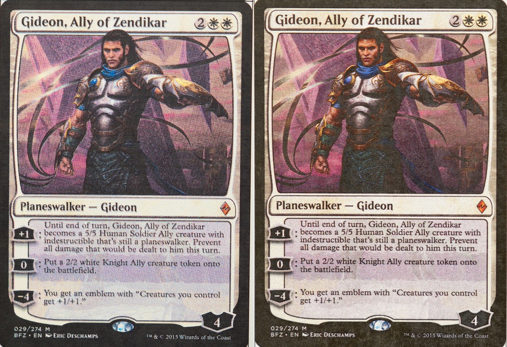 Comparison the Gideon, Ally of Zendikar card printed on black core TCG cardstock with two different laser printers.