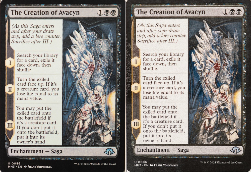 Comparison of The Creation of Avacyn card printed on black core TCG cardstock with two different laser printers.
