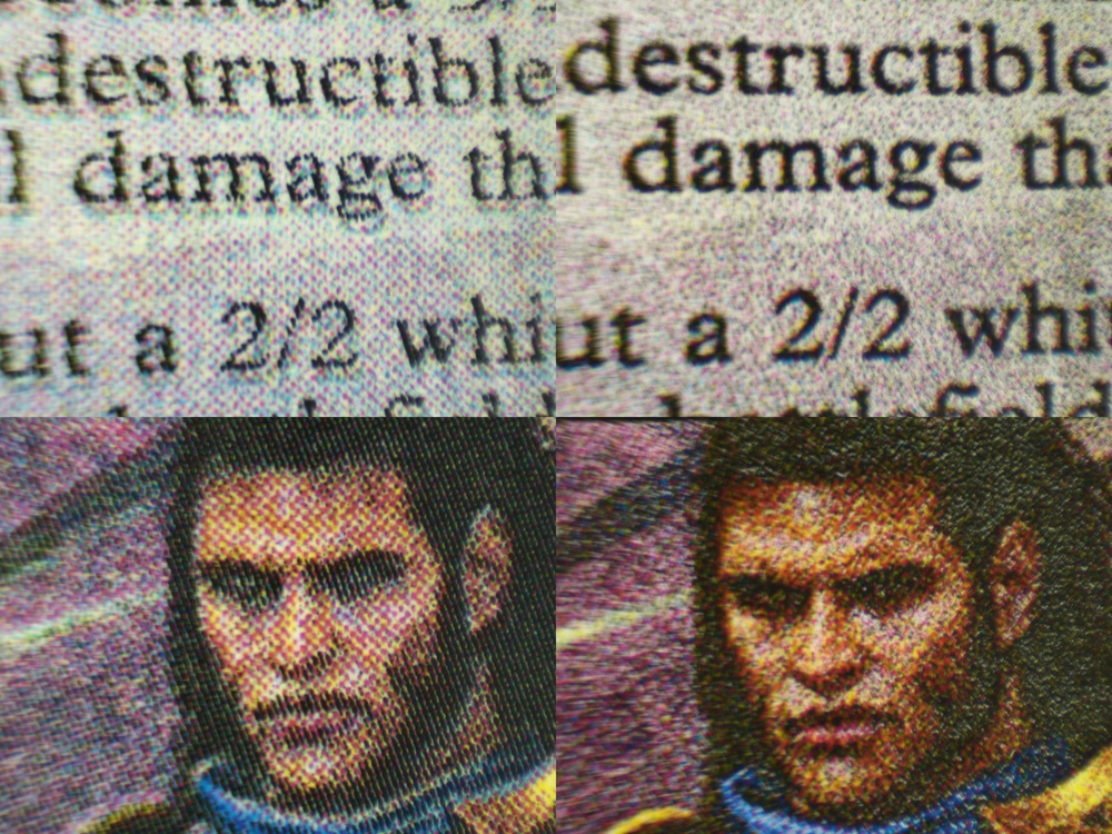 Comparison of the text and artwork magnified under the microscope of the Gideon, Ally of Zendikar card, a low resolution image, printed on black core TCG cardstock with two different laser printers.