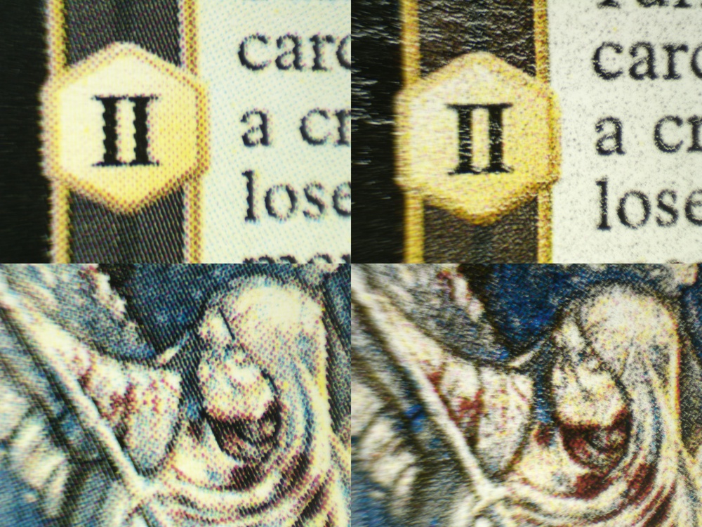Comparison of the text and artwork magnified under the microscope of The Creation of Avacyn card, a low resolution image, printed on black core TCG cardstock with two different laser printers.