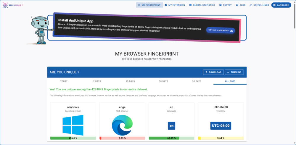 Screenshot of the amiunique.org website.