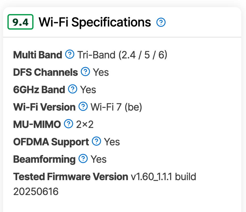 A screenshot of the Wi-Fi Specifications test box.