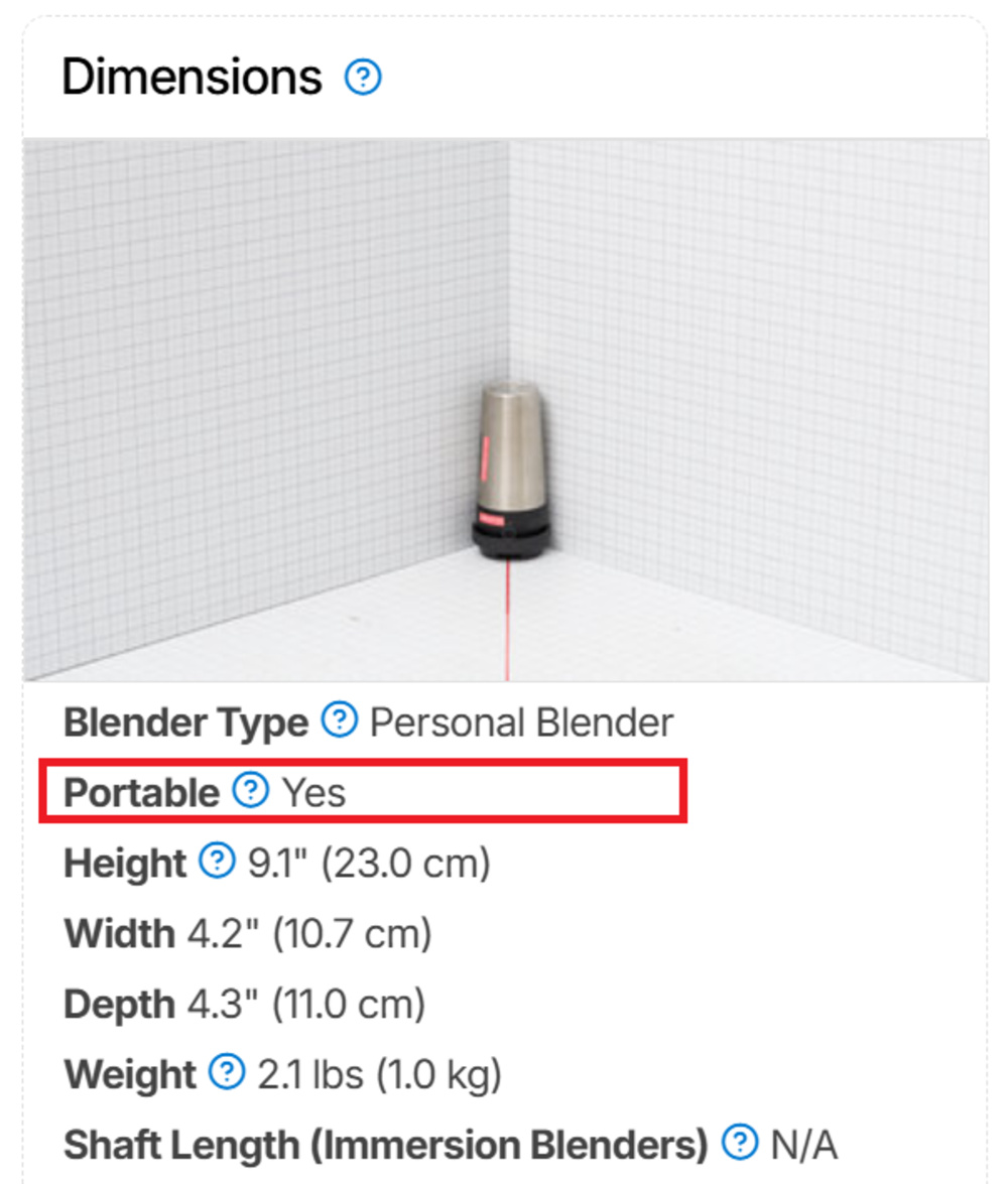 A screenshot of the Dimensions section of the nutribullet Flip review.