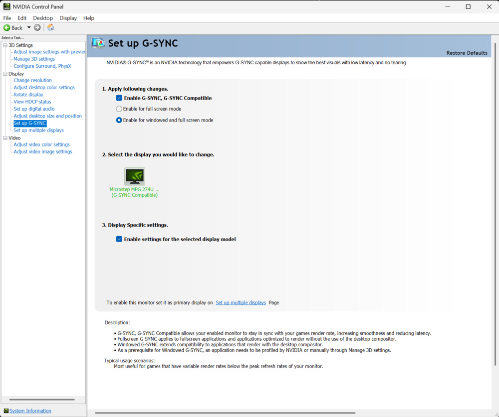 NVIDIA Control Panel on the MSI MPG 274URDFW E16M showing G-SYNC support.