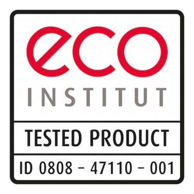The eco-INSTITUT logo; it has black and red text and says, "Tested Product" and lists an ID number.