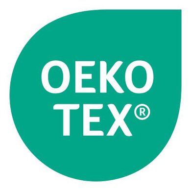 The OEKO-TEX logo; it has a green background, and the logo is teardrop shaped.
