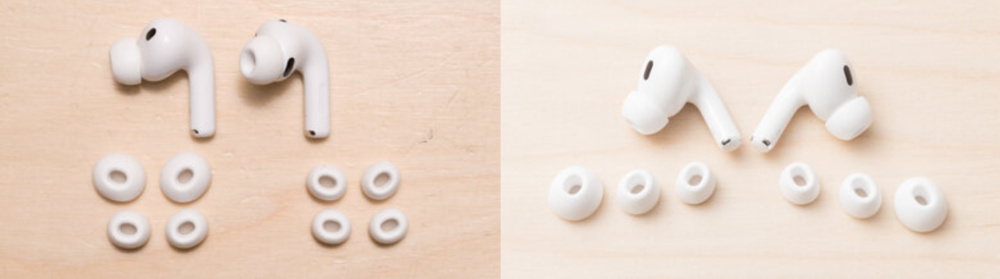 Two images next to each other show the buds and ear tips for the AirPods Pro 3 on the left and the Apple AirPods Pro 2 on the right.