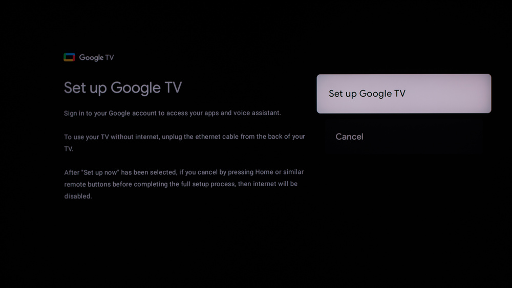 Set up Google TV prompt screen on Google TV 14.