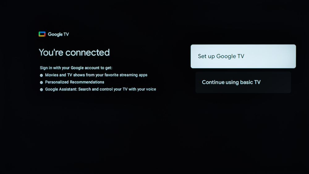 Connecting to a network lets you choose between Google TV and the basic TV interface.