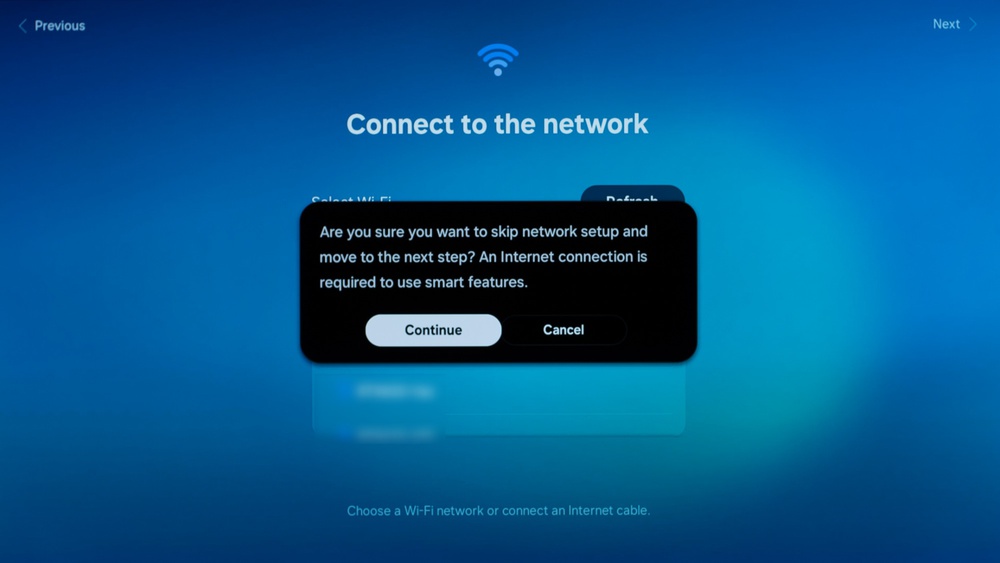 Tizen OS popup confirming no network connection.
