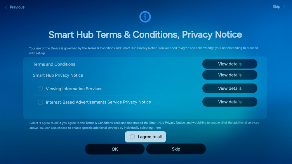 Tizen smart hub terms & conditions menu.