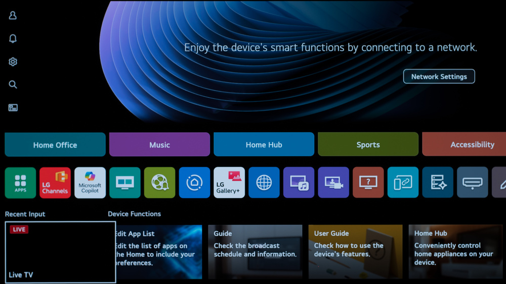 webOS home menu showing the Network Settings option.