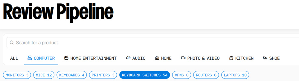 Screenshot of the RTINGS.com Review Pipeline page filtered to the Computer category. The navigation bar shows subcategories including monitors, mice, keyboards, printers, keyboard switches, VPNs, routers, and laptops, with