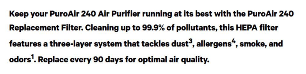 Advertising claim for the Puroair 240, which states that the unit has a HEPA filter