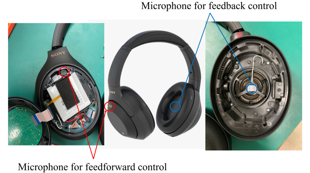An series of images depicting disassembled Sony WH-1000XM4 headphones with arrows pointing to microphone positions.