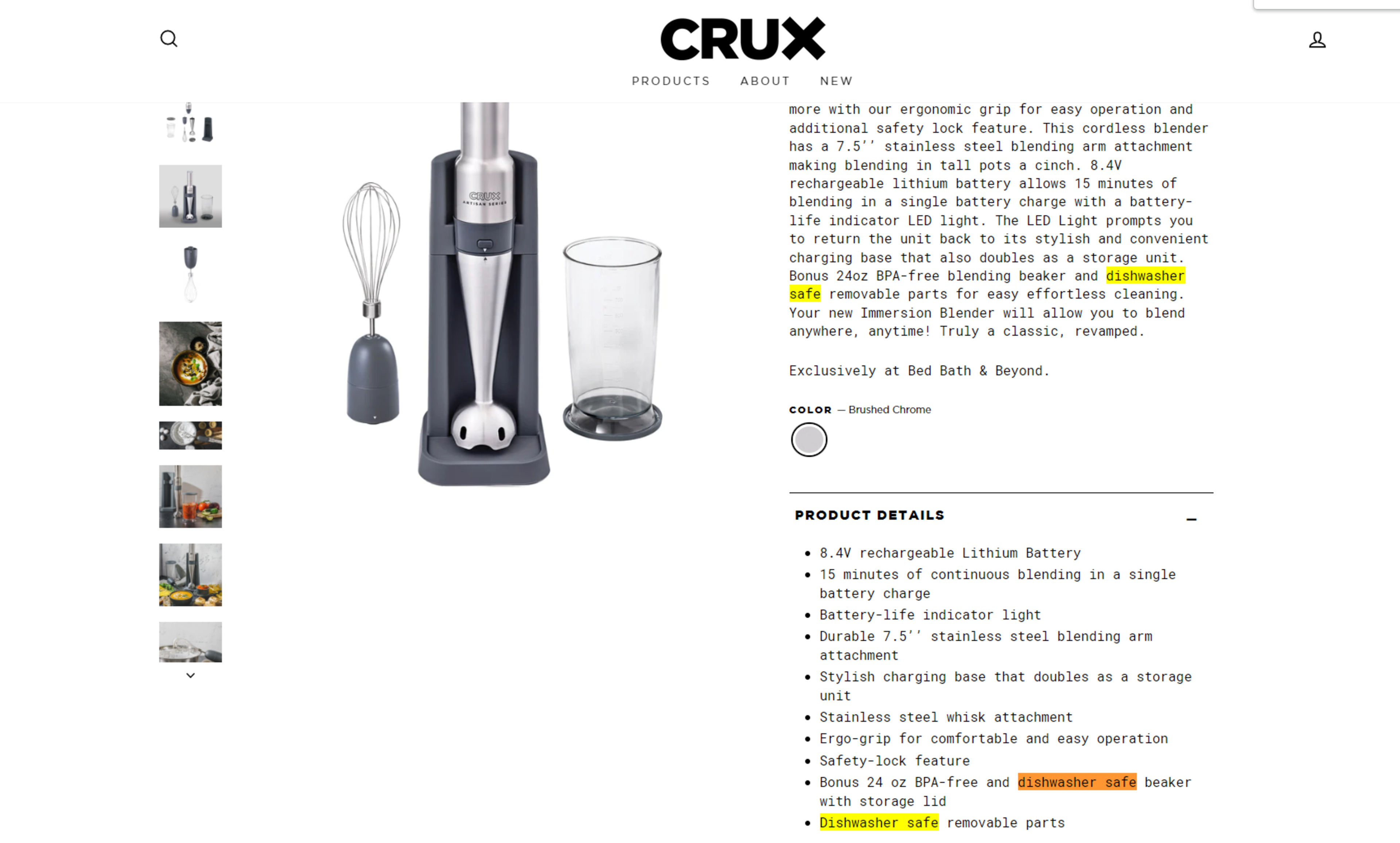  Crux Cordless Hand Immersion Blender, 7.5 inch Blending Arm,  Mix, Whip, Puree Sauces/Soups, Rechargeable, Easy to Clean, Dishwasher Safe  Removeable Parts, Stainless Steel/Black, 14790: Home & Kitchen