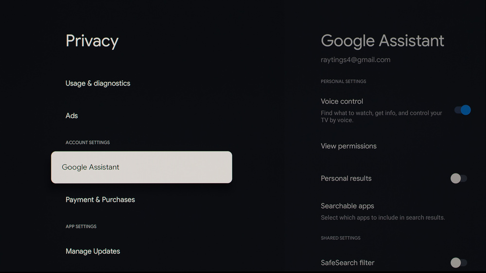 Google Assistant settings.