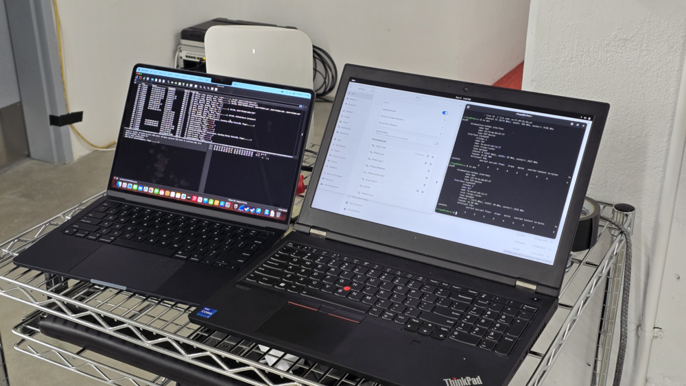Our test setup for capturing and analyzing Wi-Fi 7 beacon frames involves a dual-laptop configuration, utilizing iw dev on Linux for MLO link identification and macOS wireless monitor mode with Wireshark for real-time packet inspection and verification.