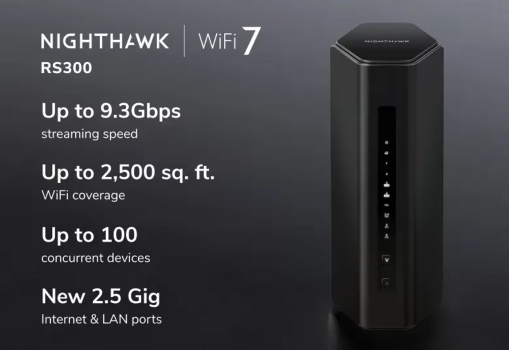NETGEAR marketing for its Nighthawk RS300 which includes "WiFi 7" rather than "Wi-Fi 7" or "Wi-Fi CERTIFIED 7"