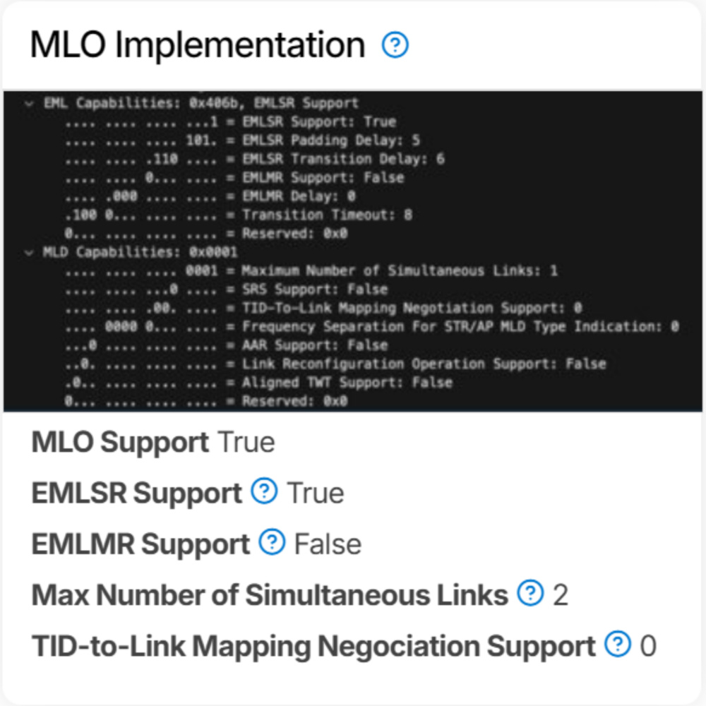 The new MLO Implementation box in our router reviews, showing the decoded beacon-frame fields that reveal a product's actual MLO capabilities.