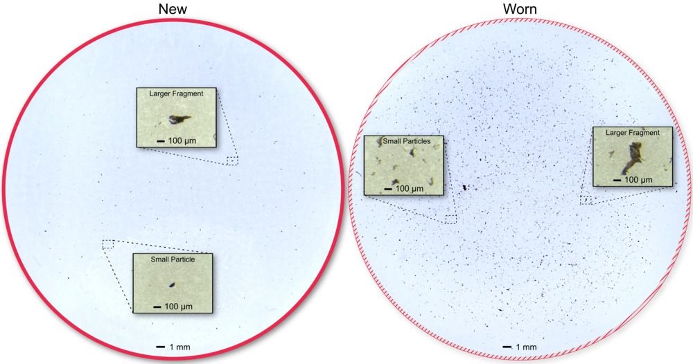 Photographs of representative membrane filters for a new and worn All-Clad D3 PTFE-coated skillet with inset microscope images of small particles and larger fragments